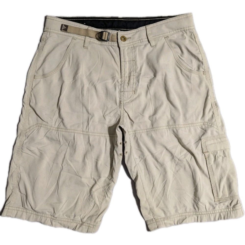 prAna Stretch Zion Hiking Shorts Mens M Khaki Nylon Cargo Belted Outdoor